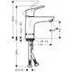 Einhebel-Waschtischmischer von Hansgrohe mit klaren Linien und einer Hebelmechanik. Auf dem Bild sind verschiedene Maße und technische Details zu erkennen.